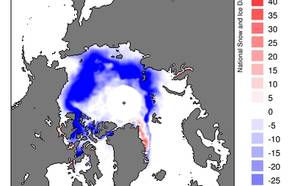 kaart met gemiddelde trend (procenten per jaar) in zeeijsbedekking Noordpool in september 1978-2011 