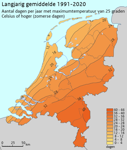 kaart met aantal zomerse dagen in Nederland gemiddeld over het tijdvak 1991-2020 