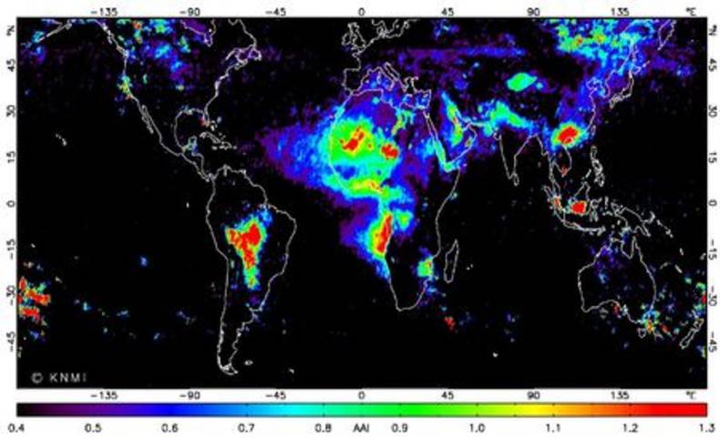 satellietbeelden van bsorberende aerosolen, vooral woestijnstof, rook van branden en vulkaanas