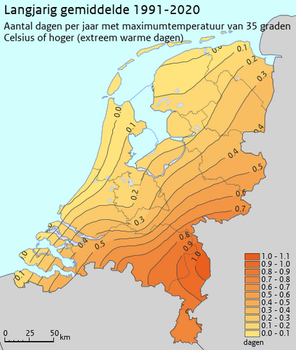 kaart met aantal extreem warme dagen in Nederland gemiddeld over het tijdvak 1991-2020