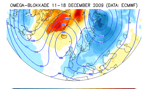 Blokkade op de weerkaart op 500 hPa vlak en afwijking van de temperatuur tijdens de winter van 2009/2010 die leek op de winter van 1963 maar toch minder koud was. 