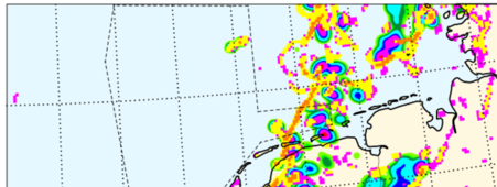 Het weermodel Harmonie van het KNMI bracht de verhoogde buienactiviteit op 11 en 12 augustus 2014 langs onze kust perfect in kaart