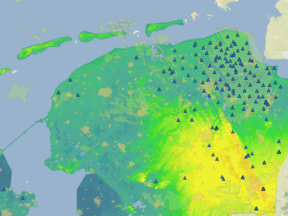 Aardbevingen door gaswinning. Deze afbeelding toont het seismologisch meetnetwerk in Noord-Nederland. ©KNMI