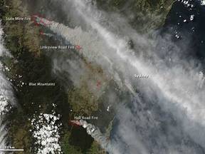Satellietbeeld van omvangrijke bosbranden in Australië (Bron: NASA, Earth Observatory)