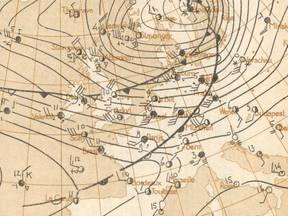 Handgetekende weerkaart KNMI van een zware storm op 12 februari 1962 (Bron: Severe Weather Catalogue Netherlands)