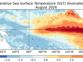 Zeewatertemperatuur van augustus 2026 met El Niño zichtbaar langs de evenaar van de Stille Oceaan. (Bron: CPC/NCEP/NOAA)