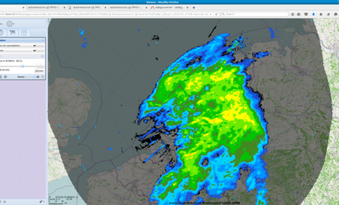 Visualization of precipitation from KNMI radars above the Netherlands during a heavy rainstorm.