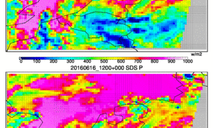 Actual (upper panel) and 2h forecast (lower panel) of solar radiation for the Netherlands on 16th June 2016 based on the advection of SEVIRI cloud physical properties using atmospheric motion vectors.