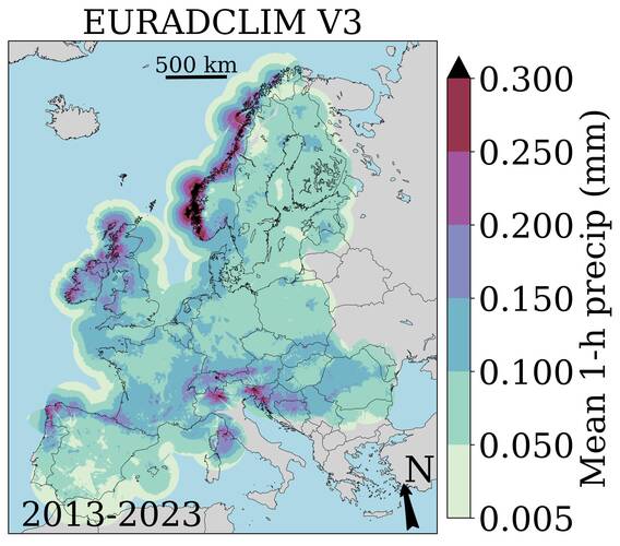 Figure 1: Map of mean hourly precipitation over the period 2013-2022 based on the EURADCLIM dataset. Map made with Natural Earth. Free vector and raster map data © naturalearthdata.com.
