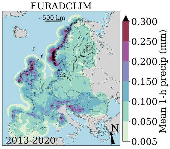 Figure 1: Map of mean hourly precipitation over the period 2013-2020 based on the EURADCLIM dataset. Map made with Natural Earth. Free vector and raster map data © naturalearthdata.com.