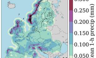 Figure 1: Map of mean hourly precipitation over the period 2013-2022 based on the EURADCLIM dataset. Map made with Natural Earth. Free vector and raster map data © naturalearthdata.com.