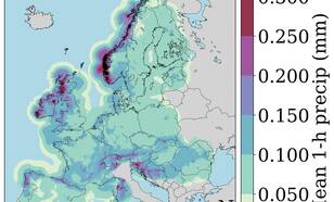 Figure 1: Map of mean hourly precipitation over the period 2013-2022 based on the EURADCLIM dataset. Map made with Natural Earth. Free vector and raster map data © naturalearthdata.com.