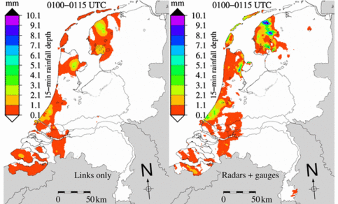 Rainfall estimated from microwave link data from cellular telecommunication networks (left) versus gauge-adjusted radar rainfall maps (right).