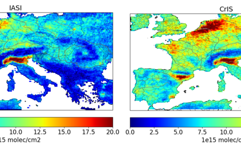 Annual mean NH3 column concentrations over Europe in 2020 observed from IASI on Metop-B (left) and from CrIS on SNPP (right)