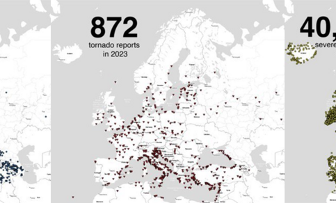 Distribution and number of reported severe weather events in 2023 from the European Severe Storms Lab severe weather database (heavy rain - tornado - severe wind)