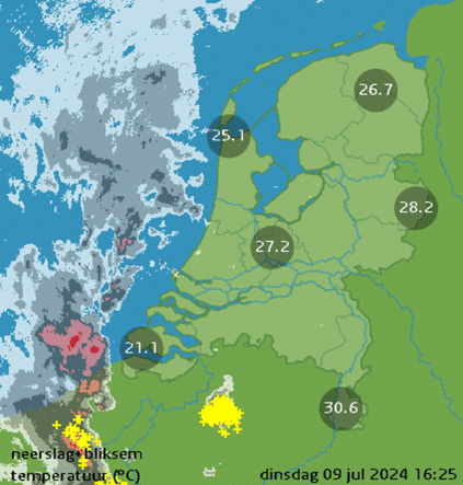 animatie van radarbeeld van het KNMI op 9 juli 2024