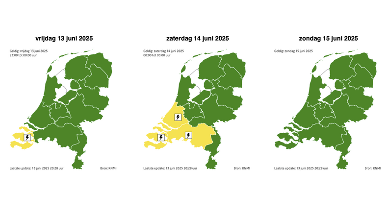 drie kaartjes van nederland waarop te zien is dat op vrijdag code geel in zeeland geldt en vanaf zaterdag ook in zuid-holland en noord-brabant