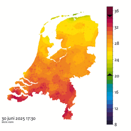 Temperatuurverloop nacht maandag 30 juni op dinsdag 1 juli