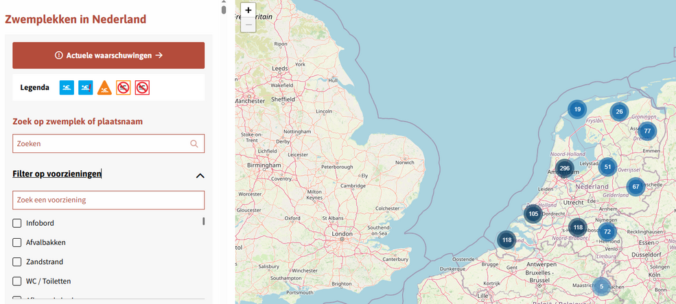 Kaart met zwemplekken in Nederland 