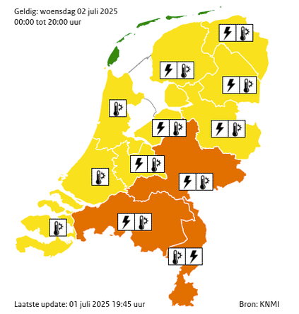 kaart van nederland met KNMI-waarschuwingen op woensdag 2 juli 2025