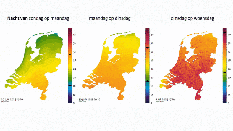 kaarten met temperatuurverloop maandag, dinsdag en woensdag