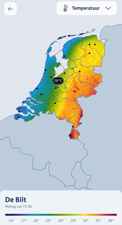 Kaart met temperatuurmetingen in de KNMI-app