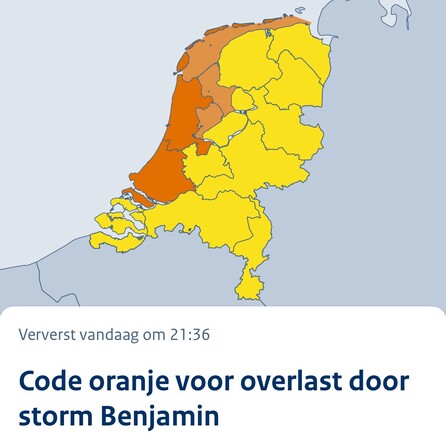 Weerkaart met code geel en code oranje
