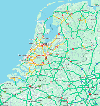 Kaart van Nederland met files volgens Google Maps