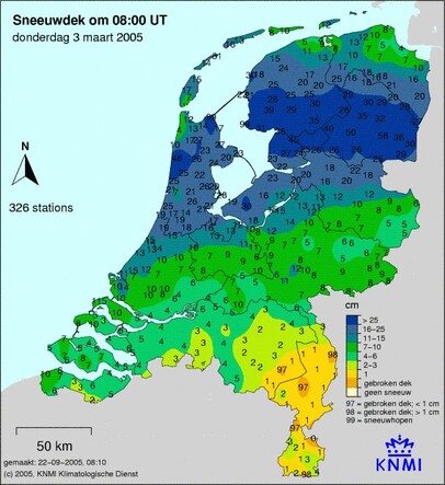 kaart met Sneeuwdek op 3 maart 2005