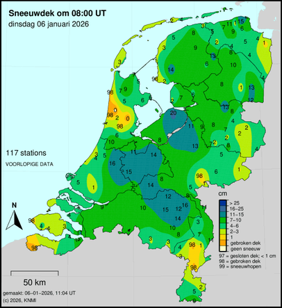 kaart met Sneeuwdek op 6 januari 2026 