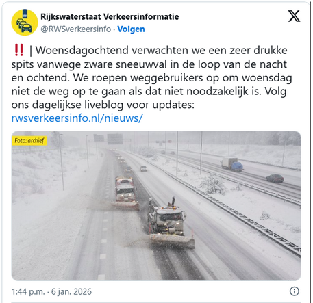 bericht op X van Rijkswaterstaat op 6 januari 2026