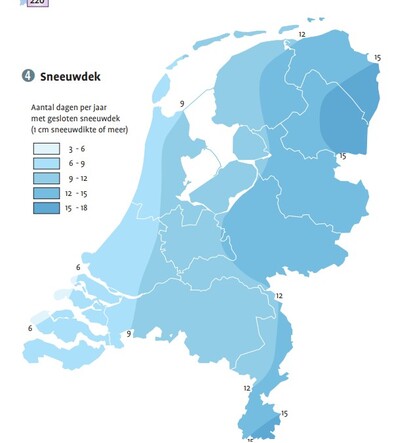 kaart met Aantal dagen per jaar met een gesloten sneeuwdek. 