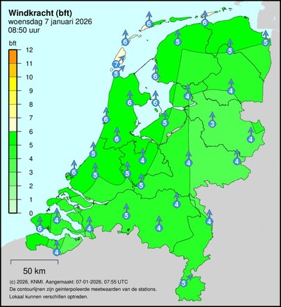 Kaart met windkracht op 7 januari 2026
