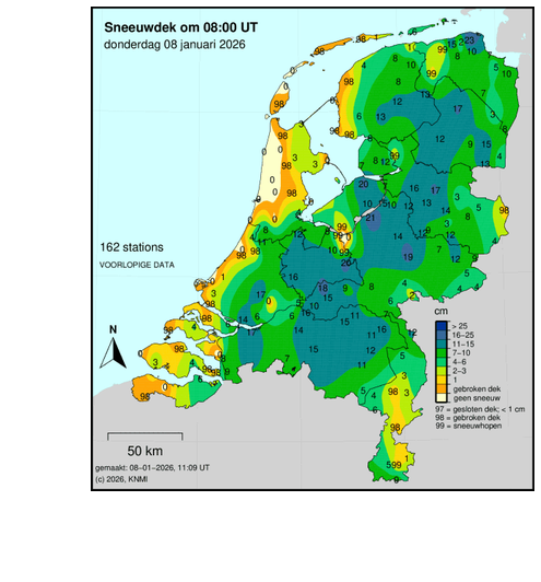 Kaart van Nederland met sneeuwdekmetingen