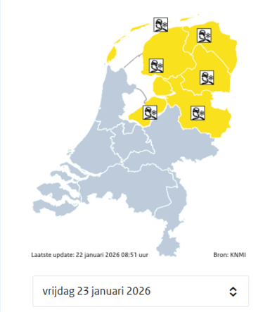Provincies met code geel in de nacht van 23 januari