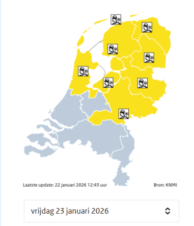 Provincies met code geel in de nacht van 23 januari