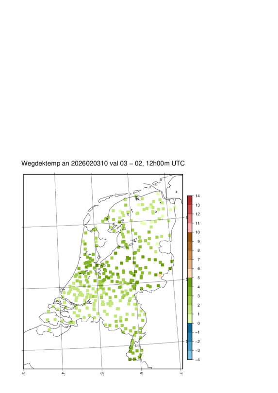 Kaart met wegdektemperatuur zoals die voor 13:00 uur verwacht wordt