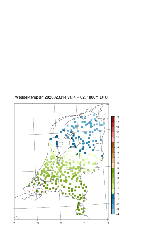 Kaart met wegdektemperatuur zoals die voor 2:00 uur vannacht verwacht wordt. 