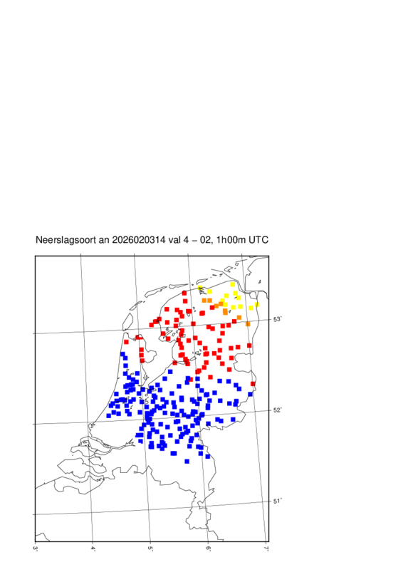 Kaart met de neerslagsoort voor 2:00 uur vannacht volgens het wegdekmodel.