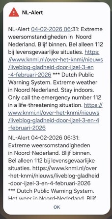 schermafbeelding van NL-Alert op woensdagochtend 4 februari 2026