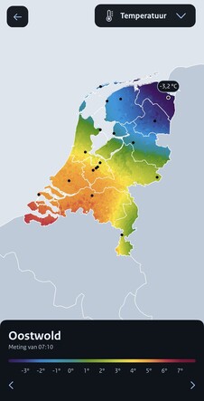 Temperatuurkaart in de KNMI-app 