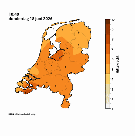 Animatie hittekrachtcijfer in Nederland de afgelopen 6 uur