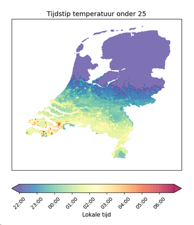 Kaart van Nederland met het tijdstip in de afgelopen nacht wanneer de temperatuur onder de 25 graden is gekomen. 