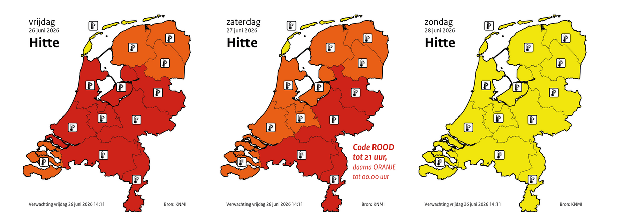 kaarten van nederland met KNMI-waarschuwingen dit weekend. 