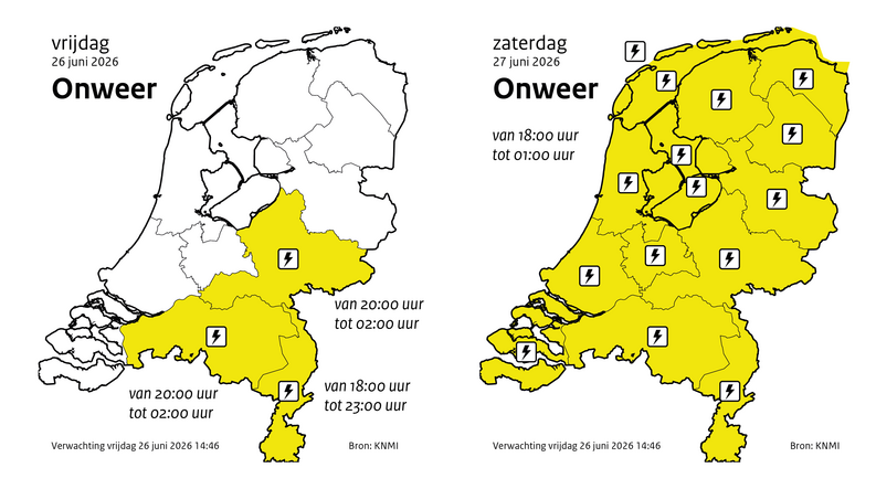 kaart met KNMI waarschuwingen voor onweersbuien vrijdag en zaterdag. 