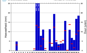 Staafdiagram van dagelijkse hoeveelheid neerslag in De Bilt in de maand mei