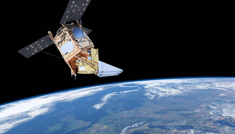 Illustratie van satellietinstrument tropomi in de ruimte