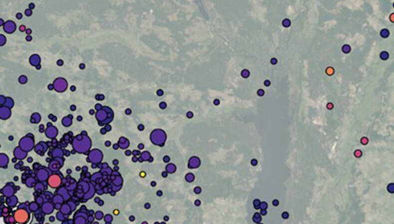 uitsnede uit kaart van Oekraine met locaties van seismische detecties tussen maart-november 2022