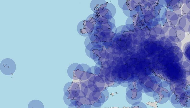 kaart van europa met radarmetingen