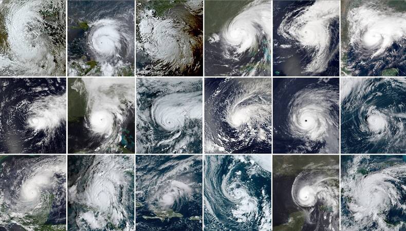 Samengesteld beeld van alle impactvolle orkanen uit 2024